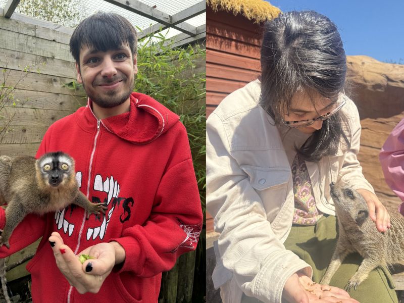 Two images of male students with a meerkat and a lemur 