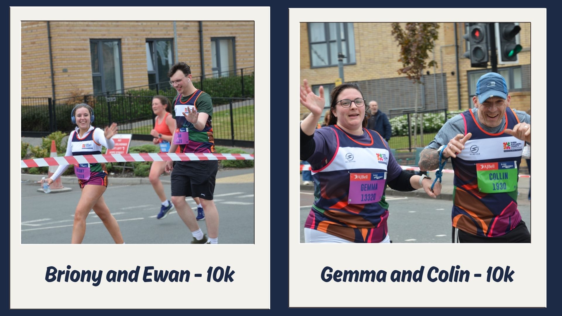 Two polaroid frames with an image of Briony, Ewan, Colin and Gemma waving and smiling at the camera
