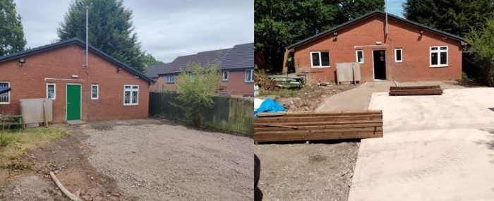 Before and After photo of the ground at the rear of onsite building 