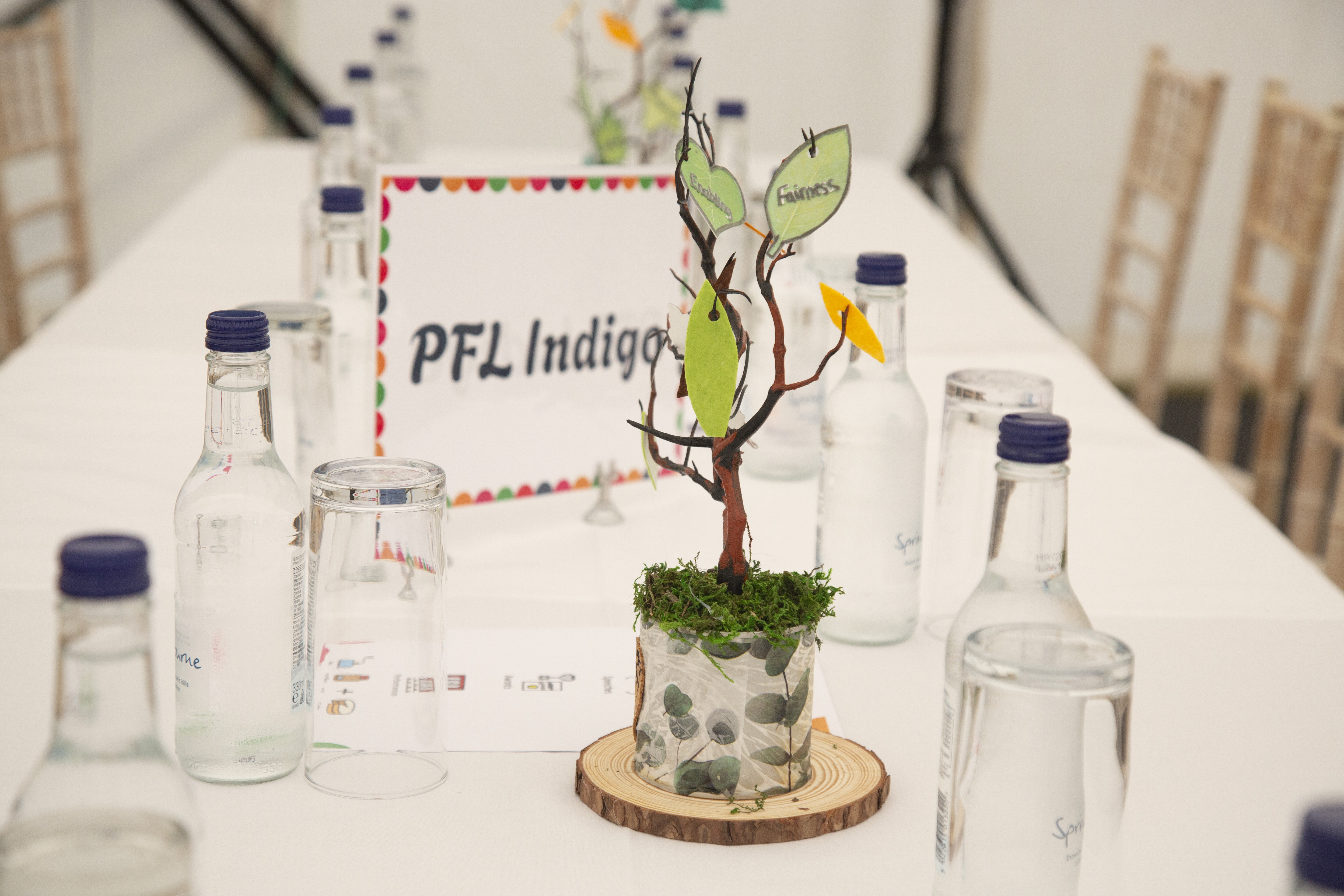 Image of a table set up with bottles of water and a table sign Image of a table set up with bottles of water and a table sign