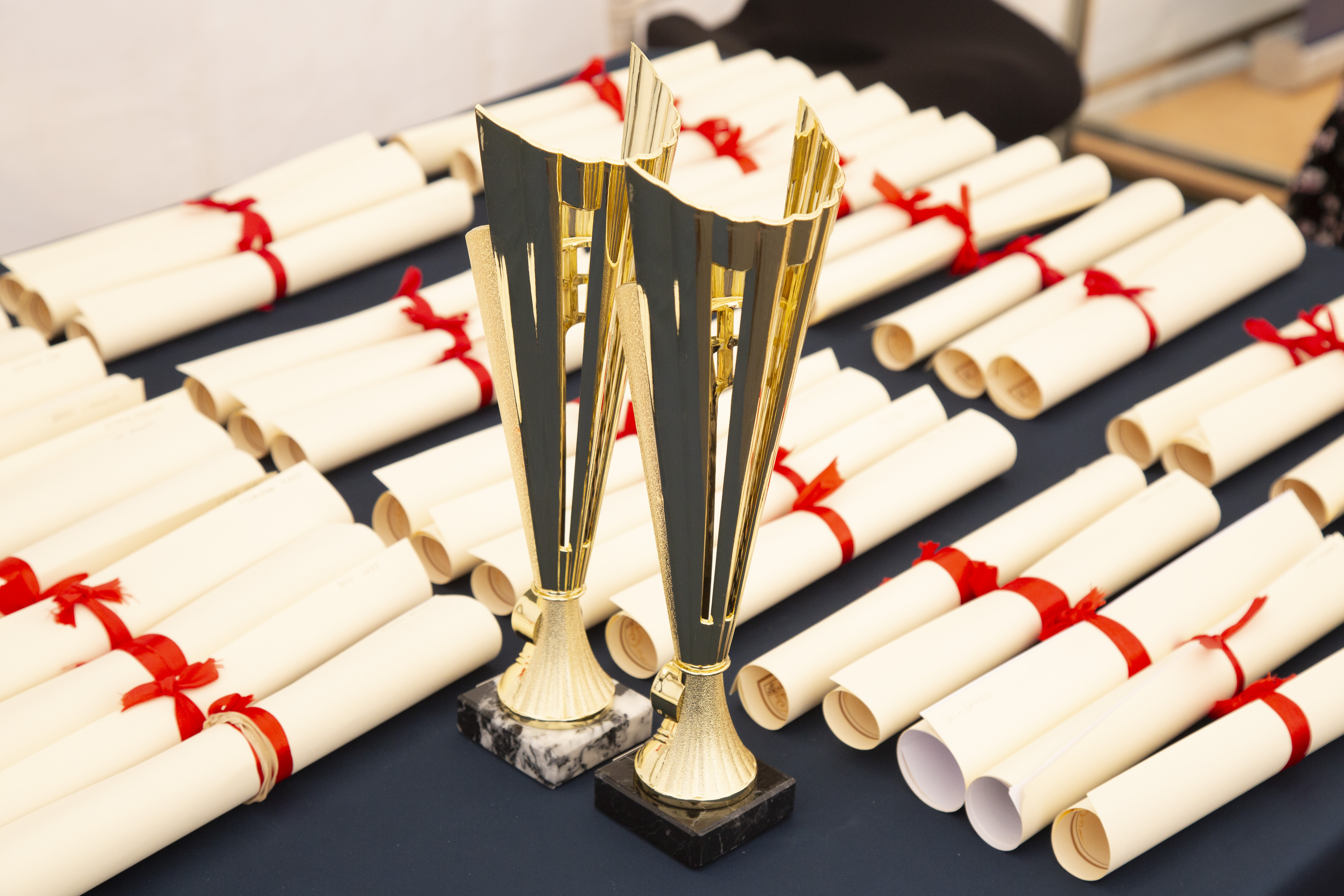 Image of a table with certificates and trophies Image of a table with certificates and trophies