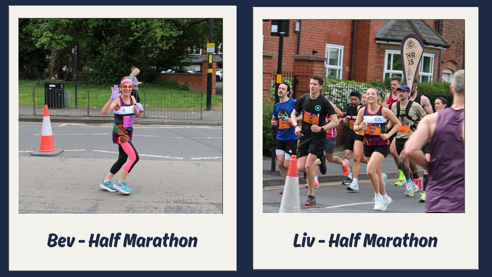 Two images of Bev and Liv running smiling at the camera 