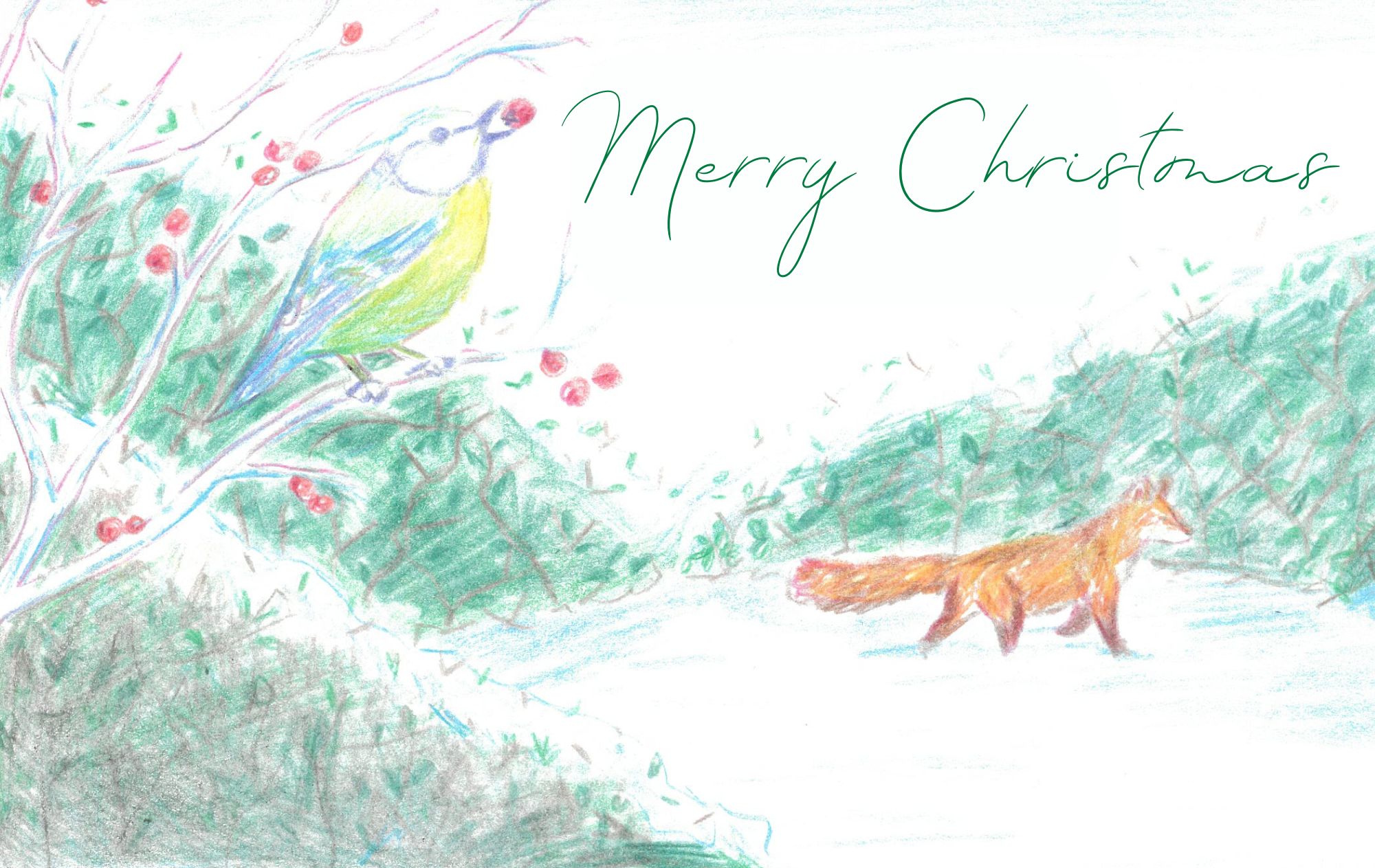 A Christmas Card design with a fox, blue bird and text which says "Merry Christmas"