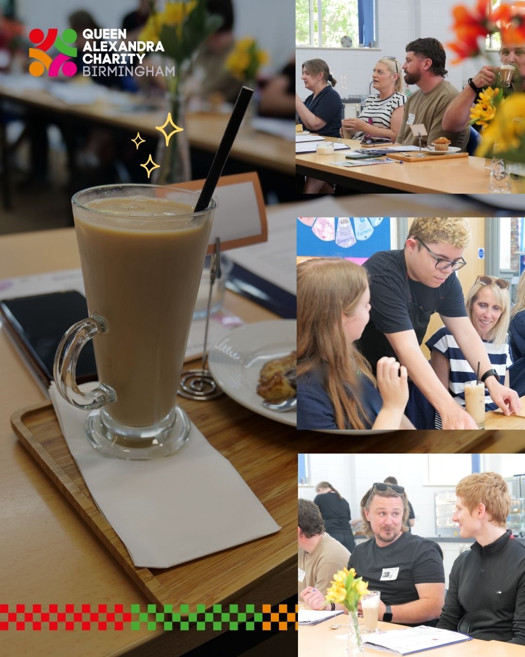 Collage images of an iced coffee, and three images of people talking in the caf&eacute;
