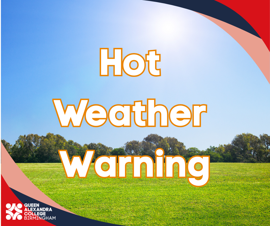 Graphic with the words “Hot Weather Warning” in bold white text outlined in orange over a sunny outdoor scene Graphic with the words “Hot Weather Warning” in bold white text outlined in orange over a sunny outdoor scene of a green field and trees under a clear blue sky