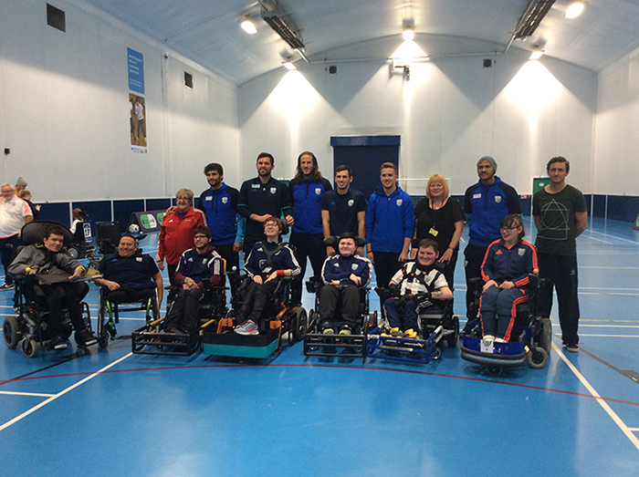 Powerchair Football Students joined by West Bromwich Albion footballers as well as QAC staff during the launch event