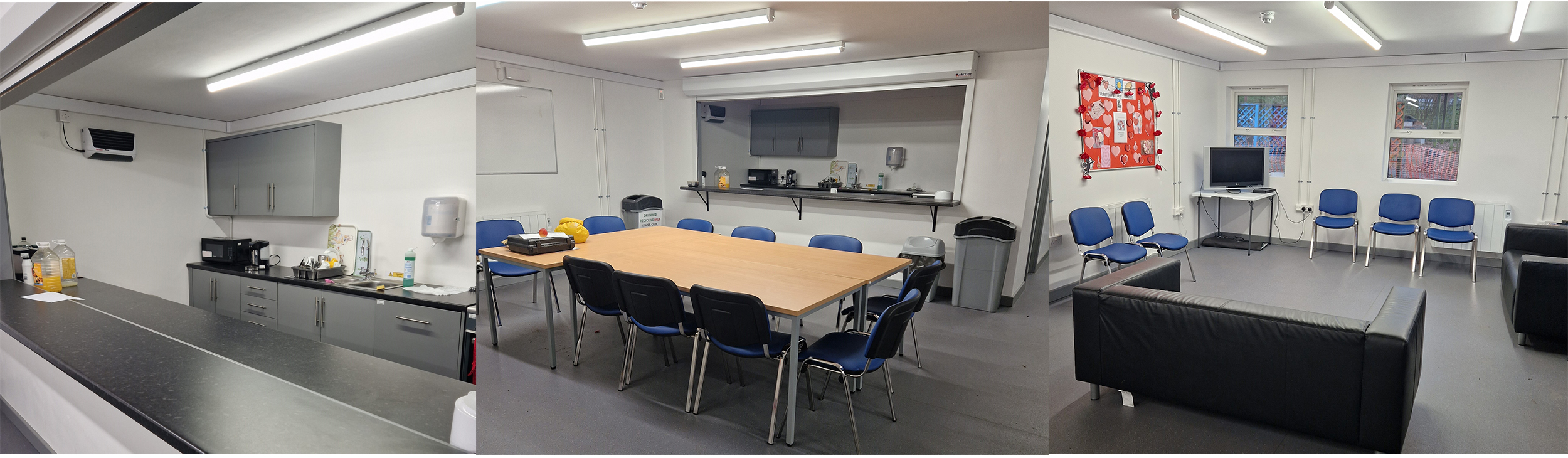 Umberslade main room with a kitchen, table area and seating are for students to use.