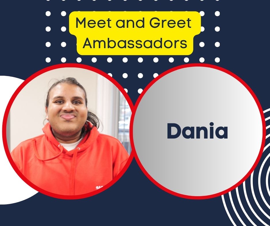 An image of a student and a circle with the name Dania An image of a student and a circle with the name Dania