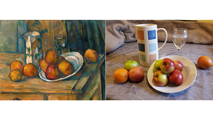 On the left, Cezanne's "Milk jug and fruits" painting and on the right a home replica using a jug, wine glass and a bowl of fruit