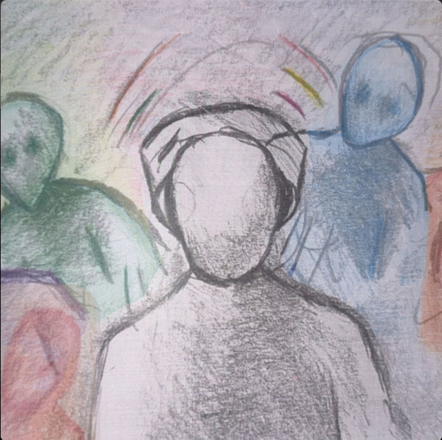 Cover photo of the QA Collective song "Anxiety" with three different coloured figures stood next to a silhouette