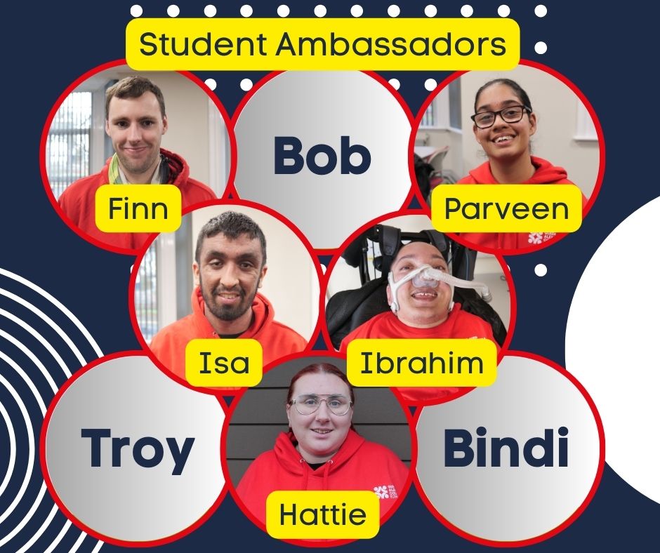 Image of the new student ambassadors in circles with a blue background Image of the new student ambassadors in circles with a blue background