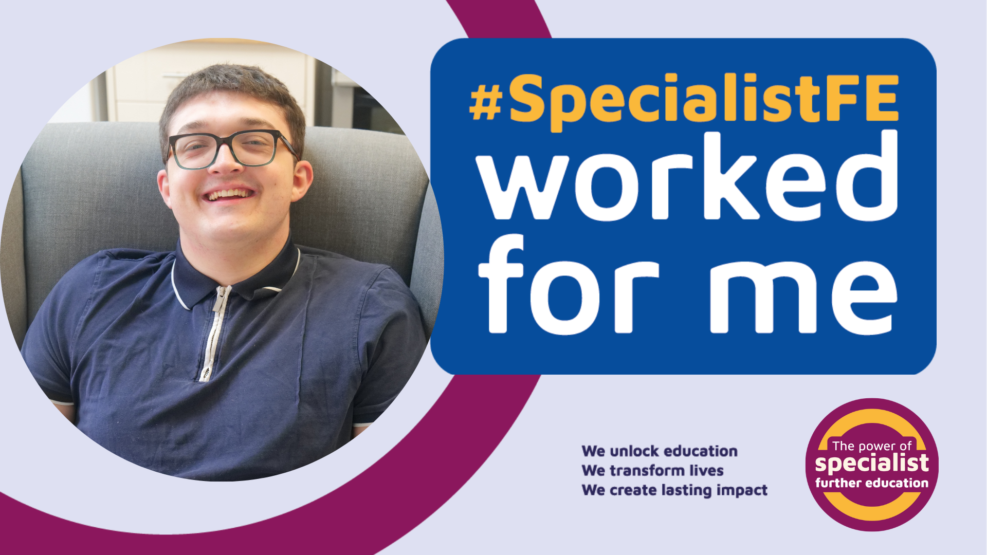 Image of Zachary smiling with the Specialist FE Worked for me artwork in the background