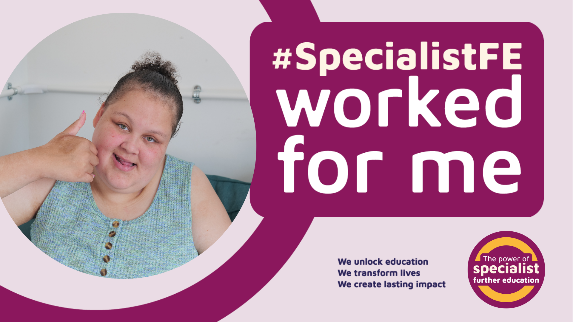 Image of Janay smiling with the Specialist FE Worked for me artwork in the background