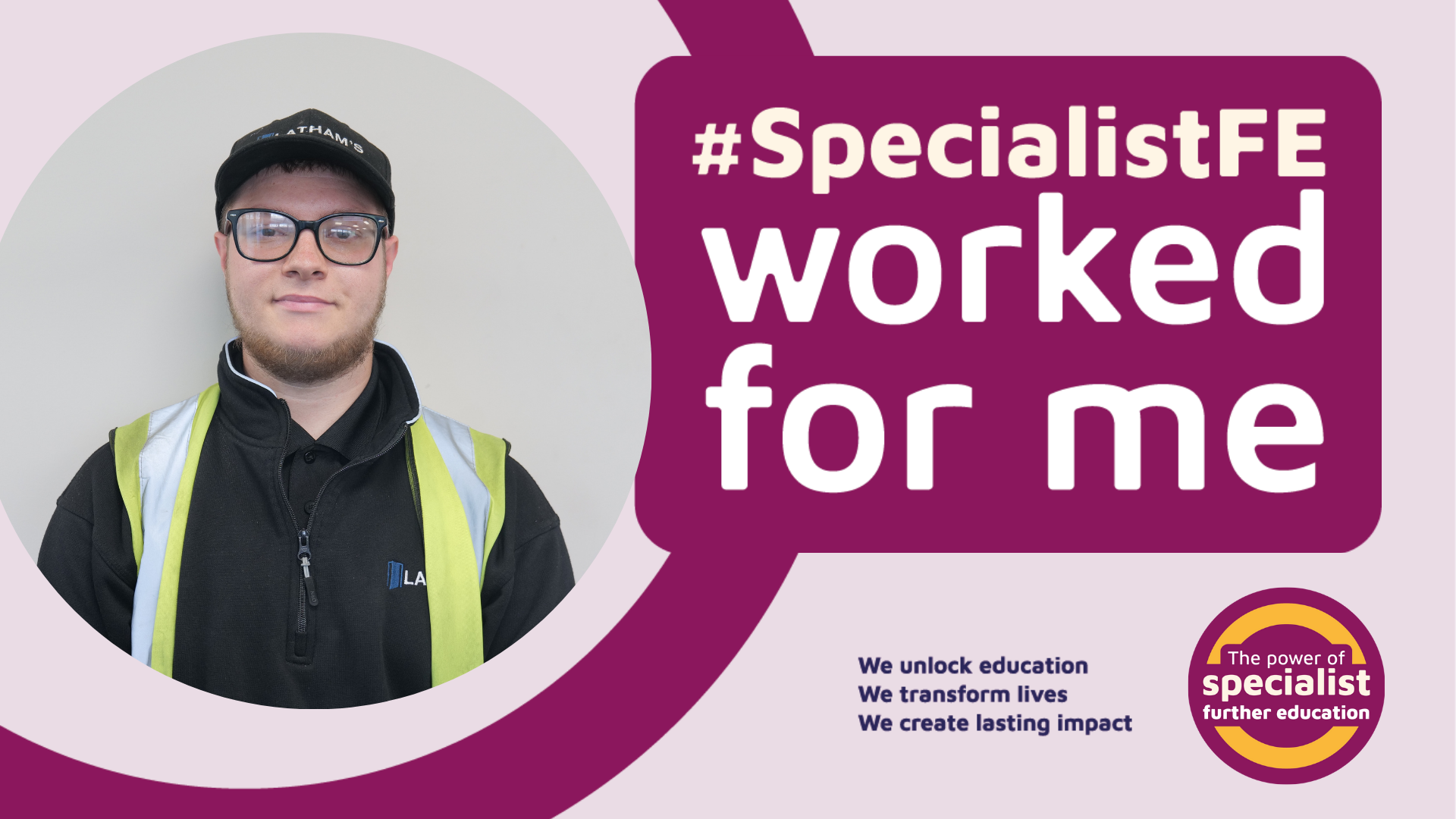 Image of Josh smiling with the Specialist FE Worked for me artwork in the background