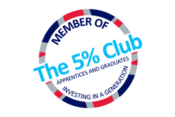 Circular “Member of The 5% Club” badge for apprentices and graduates, with blue and red accents and the slogan “Investing in a Generation.” Circular “Member of The 5% Club” badge for apprentices and graduates, with blue and red accents and the slogan “Investing in a Generation.”