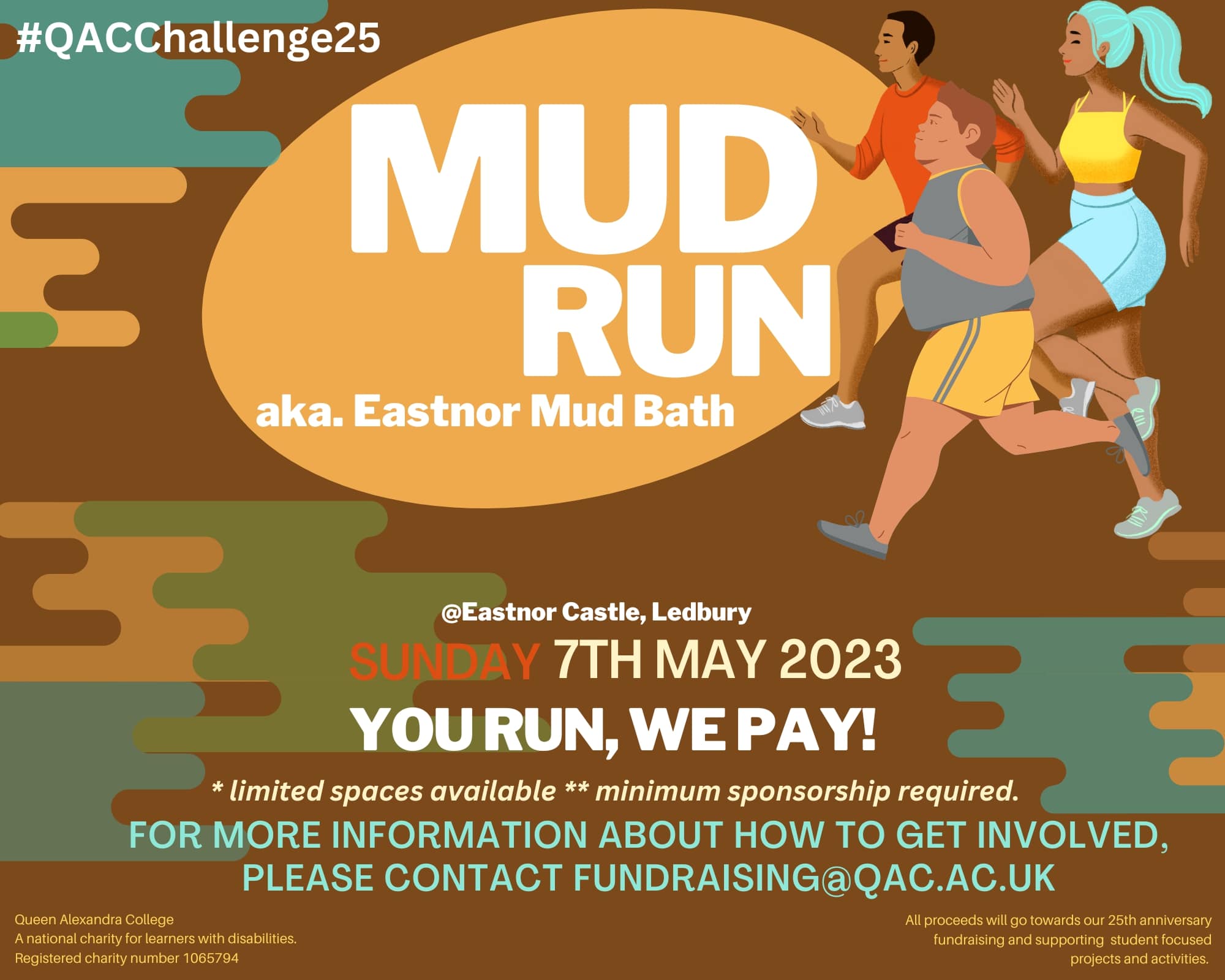 Mud Run poster with 3 characters running in mud with information on the event