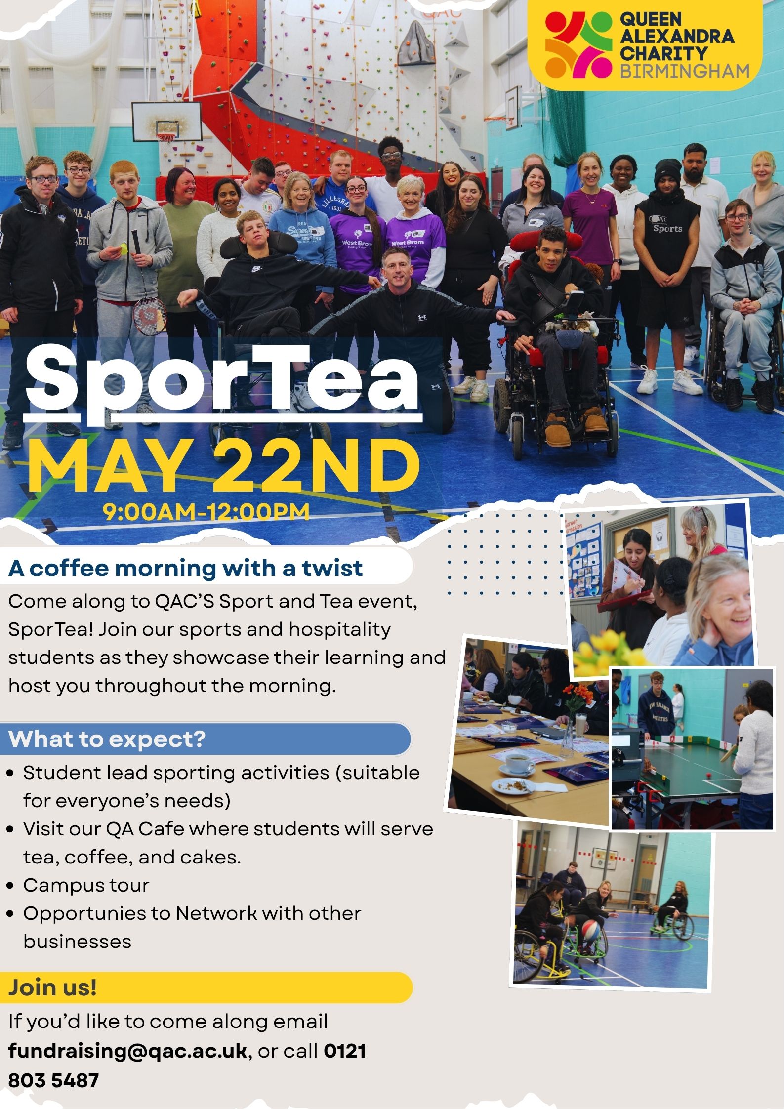Poster about the Sportea event with information and images of hospitality and cooking